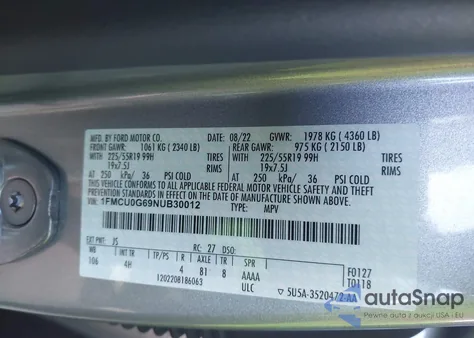 2022 Ford Escape Se из США, поврежденный, VIN 1FMCU0G69NUB30012